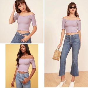 REFORMATION Augustina Frill Ruffle Stretch Ribbed Knit Lavender Lilac Crop Top S